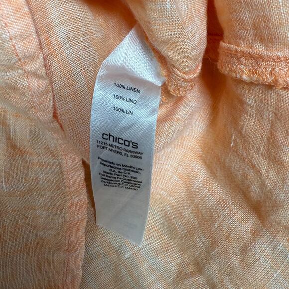 Chico's Size 2 Popover Split Neck Shirt Blouse Orange Linen High Low 3/4 Sleeves - Picture 6 of 8